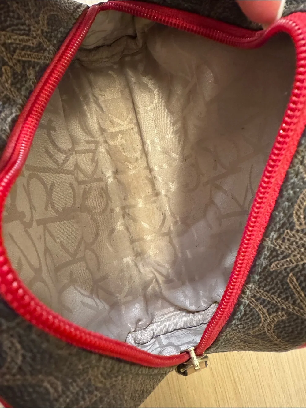 Calvin Klein Brown Logo Toiletry Bag with Tan Panel and Red Trim